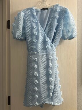 Light Blue Pom-Pom Wrap Kids Dress by Sweet & Bella